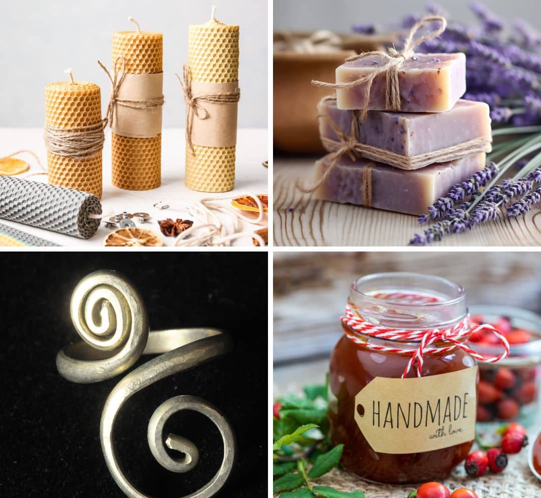 4 images showing crafters products including candles, soaps, jewellery, jam